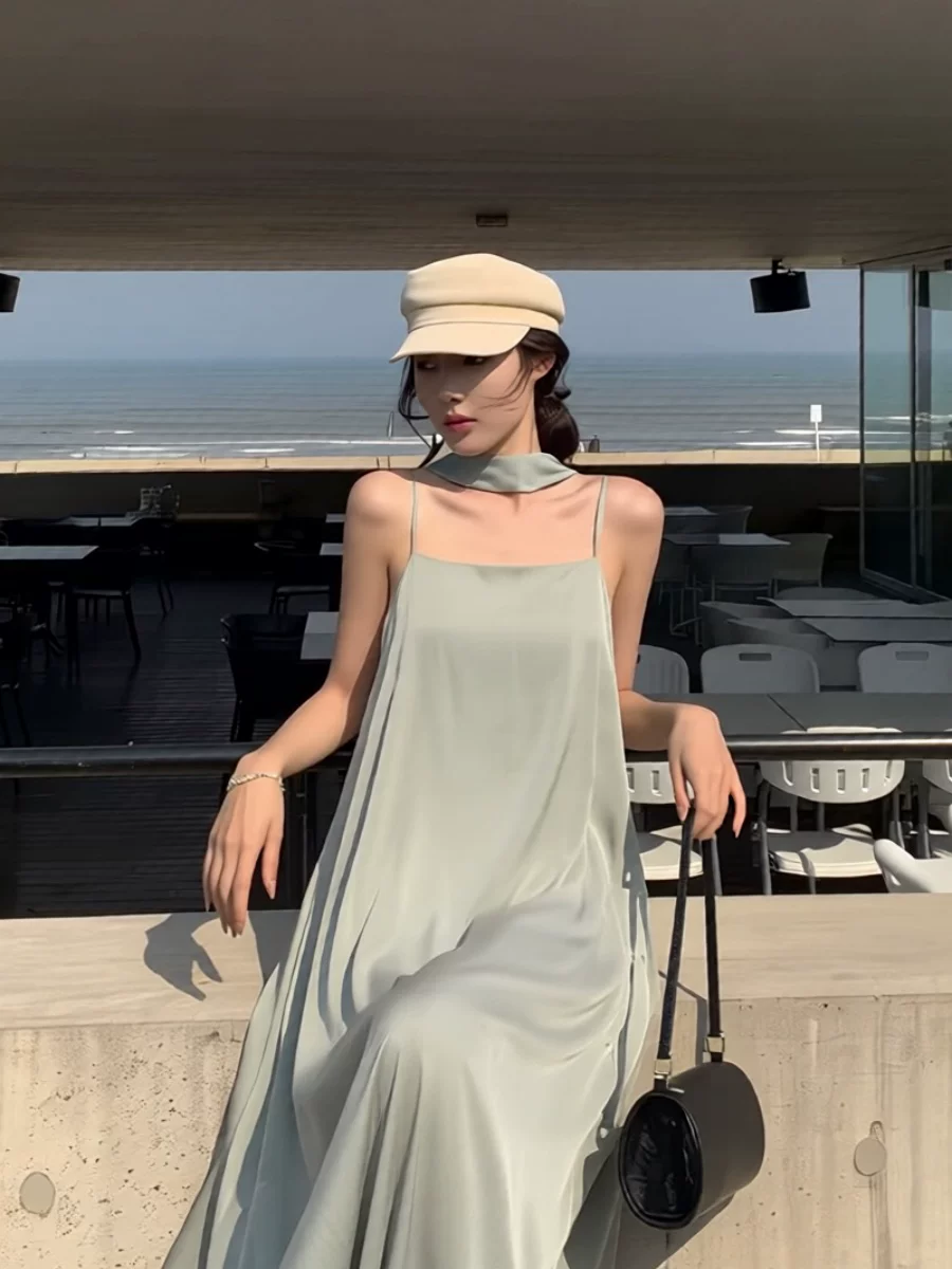 【dress】スカーフ付きサテンロングキャミワンピース Q8621