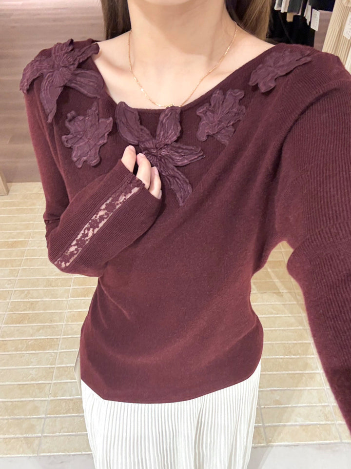 【tops】立体フラワー付きニットトップス Q9138