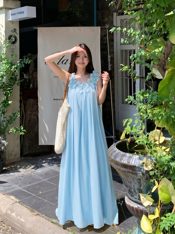 【dress】立体感フラワーロングベストワンピース Q8641