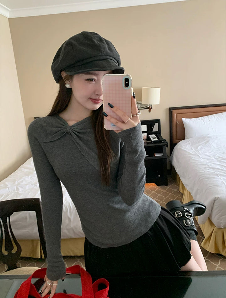 【tops】リボンネックニットトップス Q9077