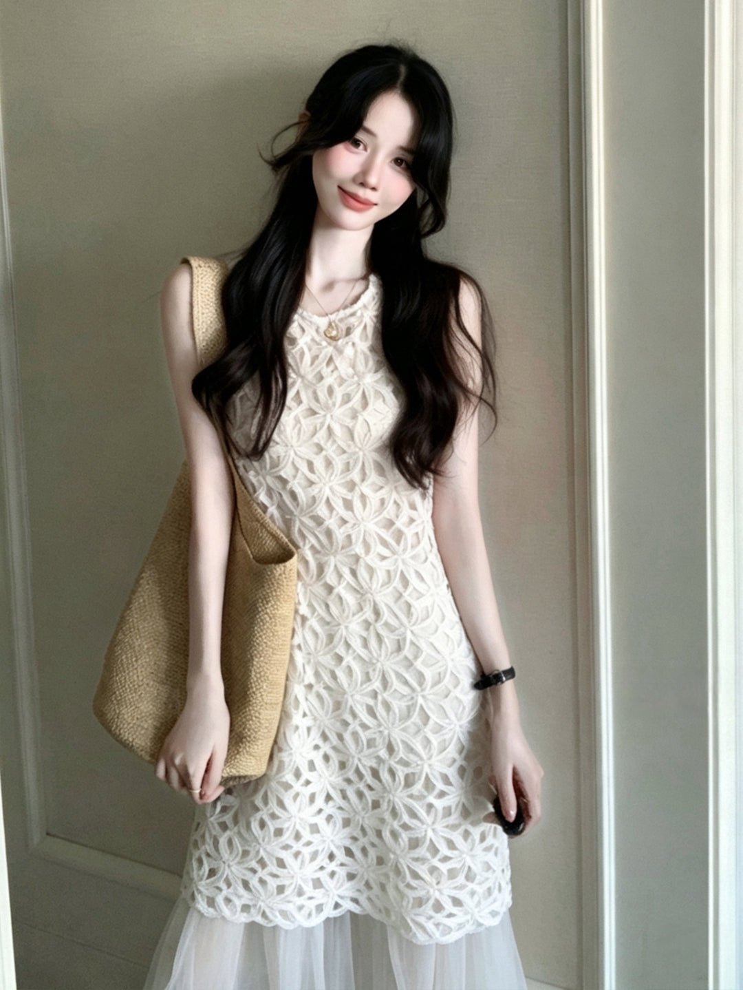 【dress】ノースリーブチュールドッキングロングワンピース Q8674