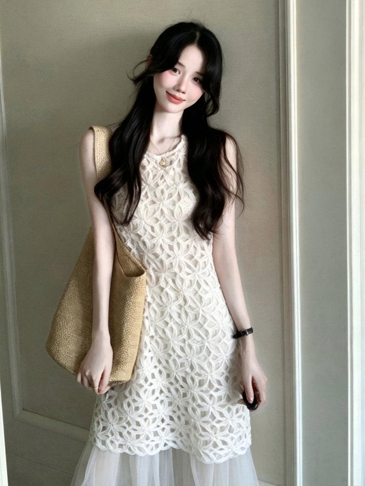 【dress】ノースリーブチュールドッキングロングワンピース Q8674
