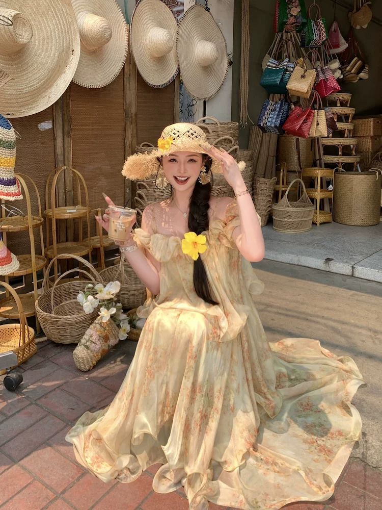 【dress】フラワー柄ギャザーフリルロングキャミワンピース Q8552