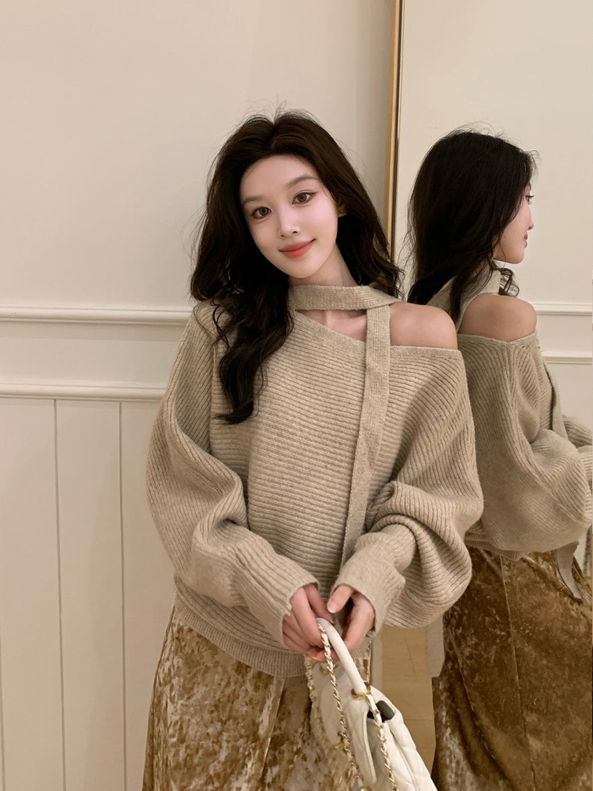 【tops】スカーフ付きニットトップス Q9241