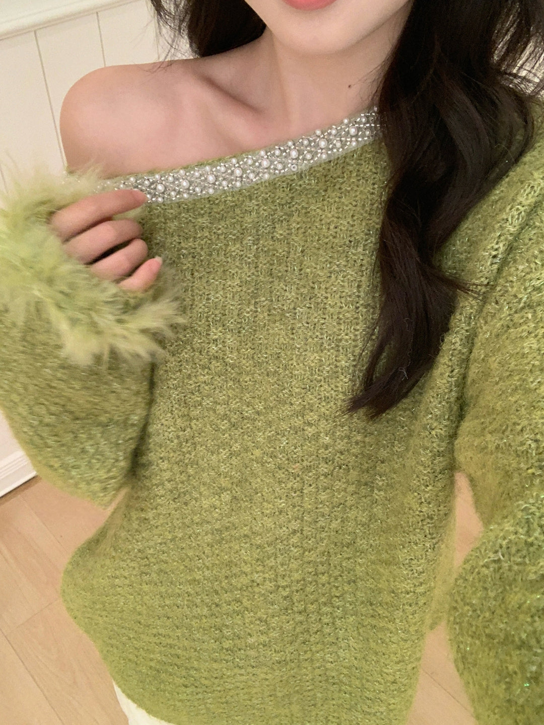 【tops】パール付きニットトップス Q9242