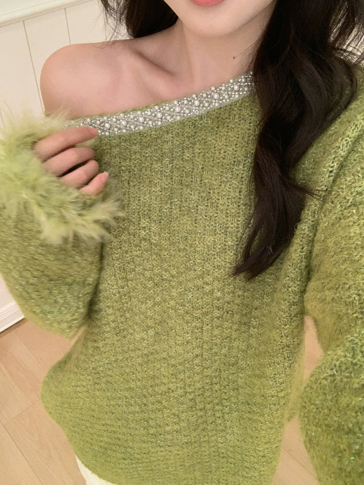 【tops】パール付きニットトップス Q9242