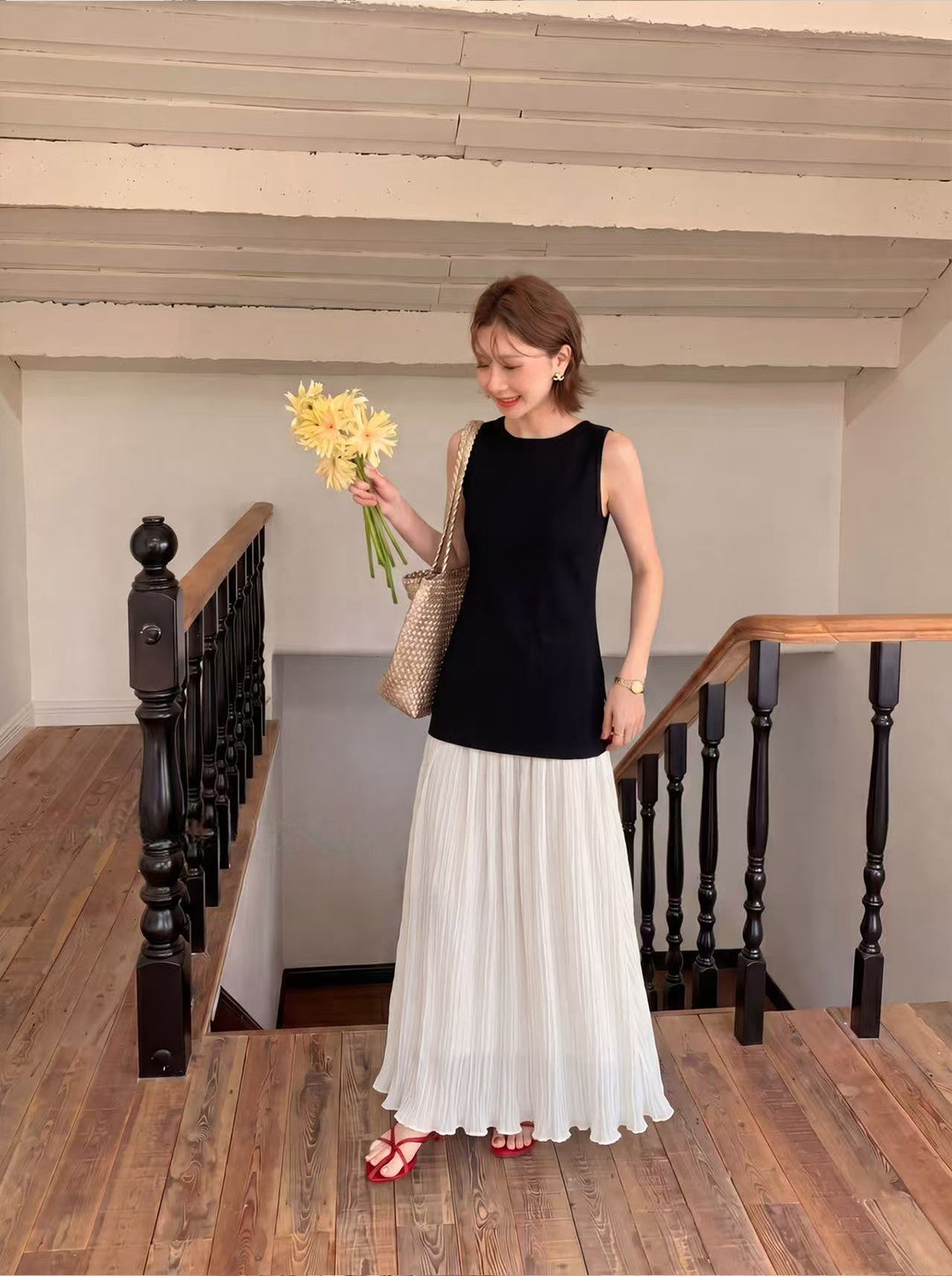 【dress】ノースリーブフェイクレイヤードワンピース Q8697