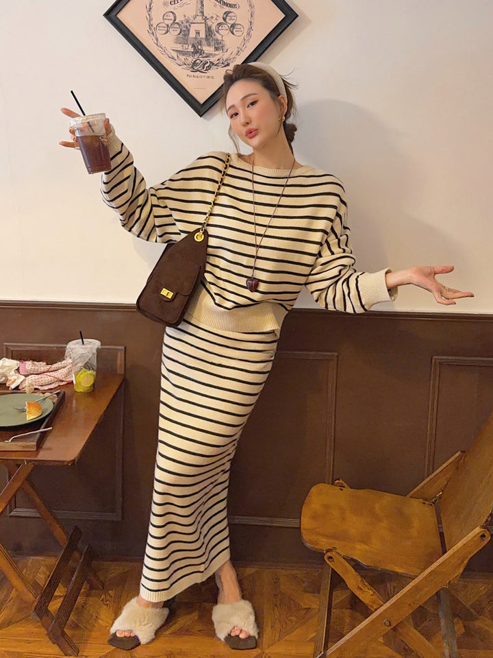 【set】ボーダー柄ニットトップス×ロングスカートセット Q9283
