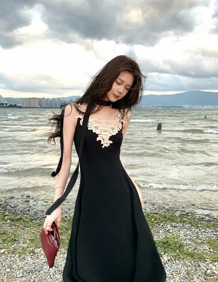【dress】スカーフ付きレースドッキングロングワンピース Q8691