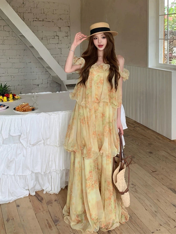 【dress】フラワー柄ロングティアードキャミワンピース Q8643