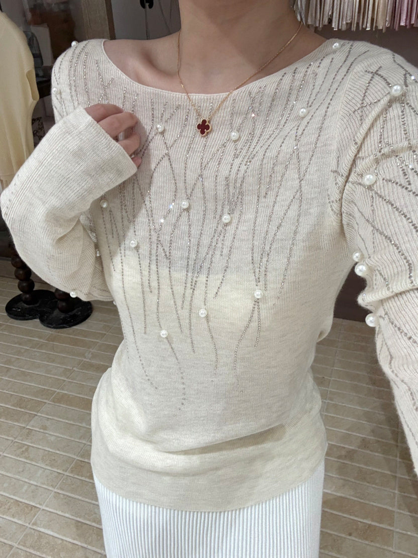 【tops】パール付きニットトップス Q9134