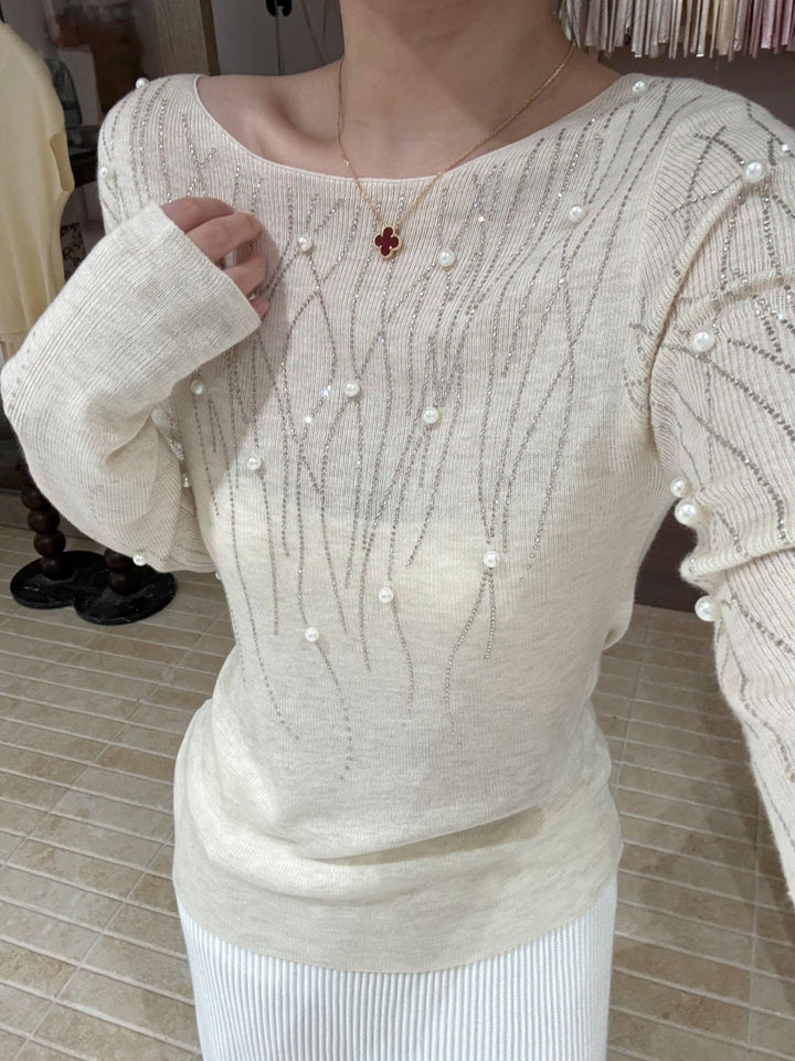 【tops】パール付きニットトップス Q9134