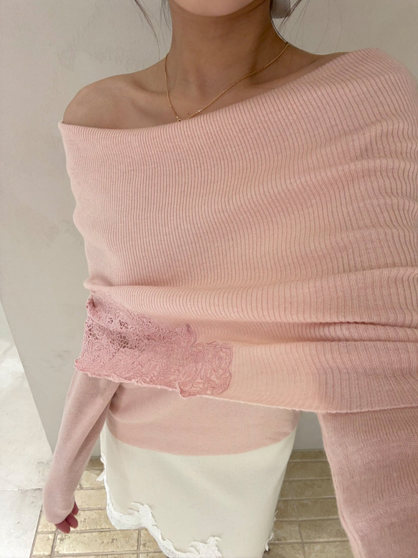 【tops】オフショルダーレースドッキングニットトップス Q9126