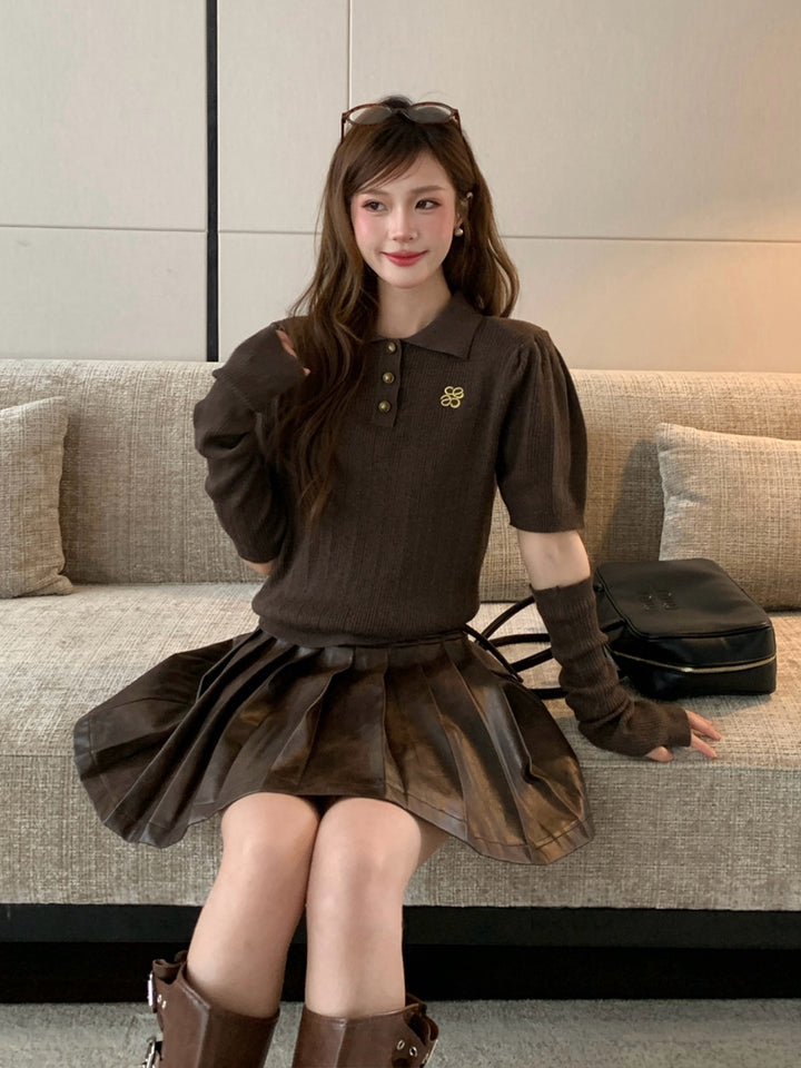 【tops】アームカバー付きニットポロシャツ Q8949