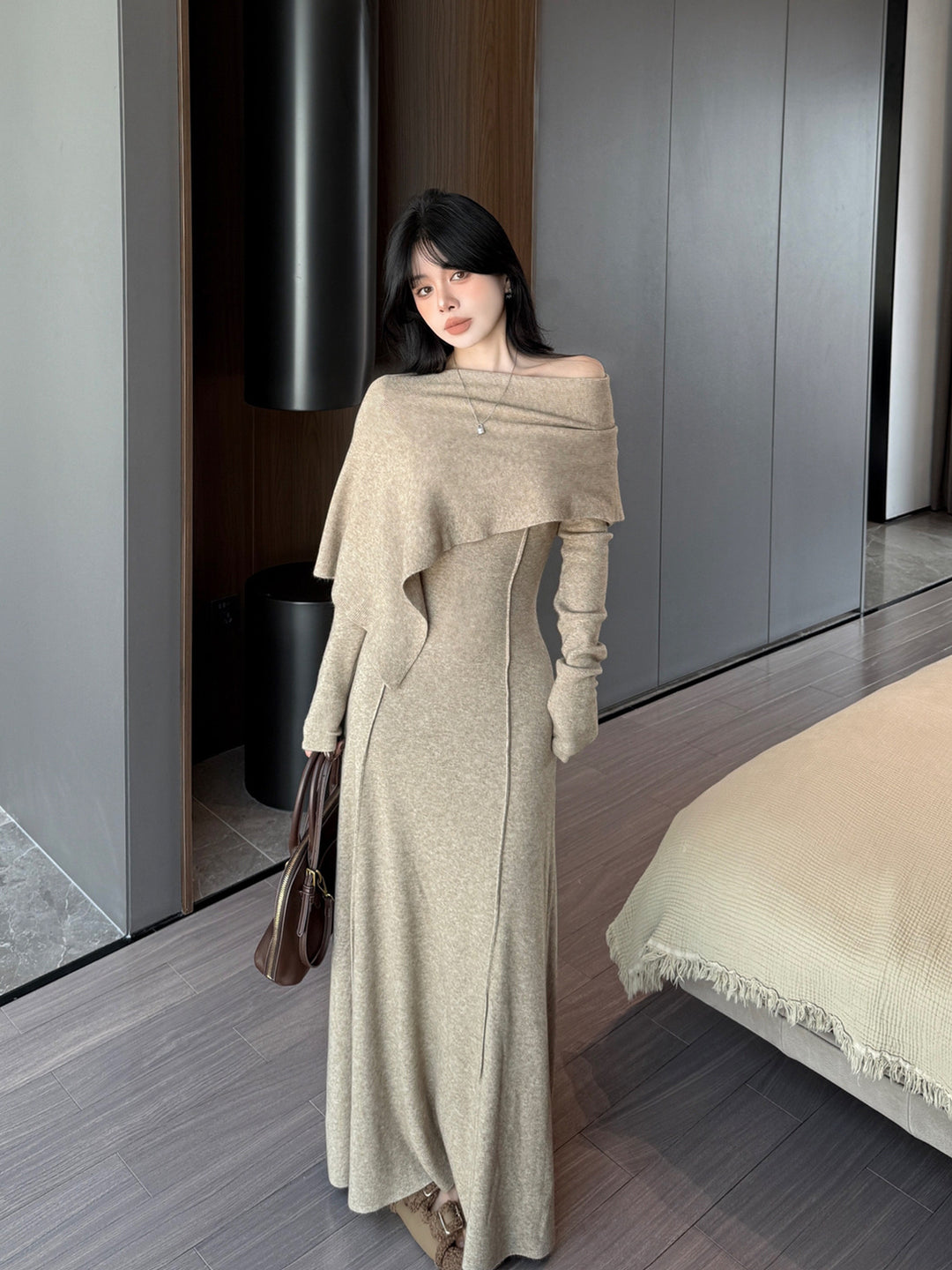 【dress】ケープ付きニットロングワンピース Q9179