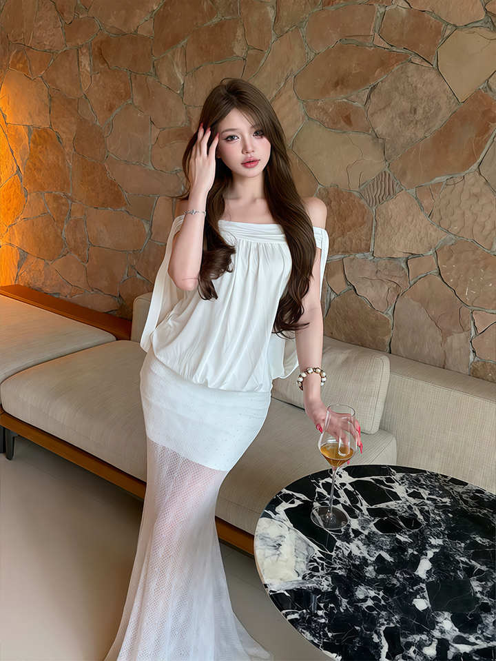 【set】オフショルダートップス×ロングスカートセット Q8626
