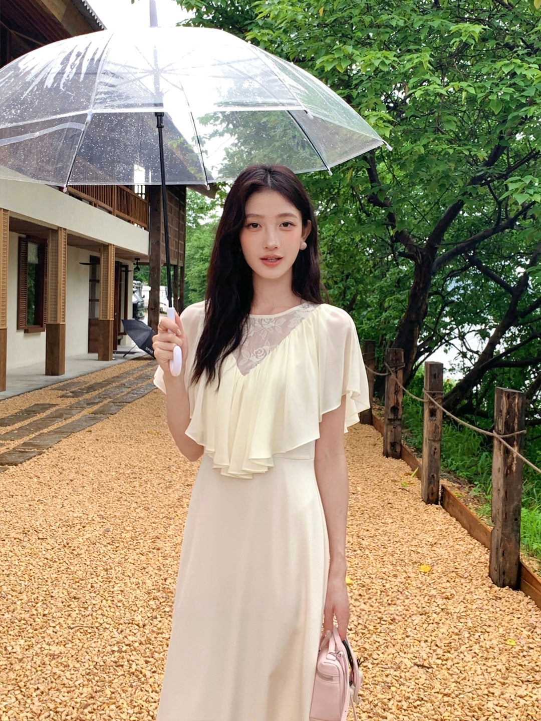 【dress】レースドッキングハンカチーフスリーブロングワンピース Q8675