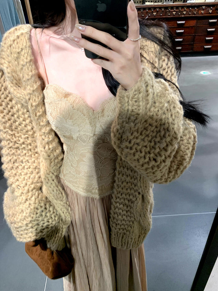 【set】レースドッキングロングキャミワンピース×ニットカーディガンセット Q9295