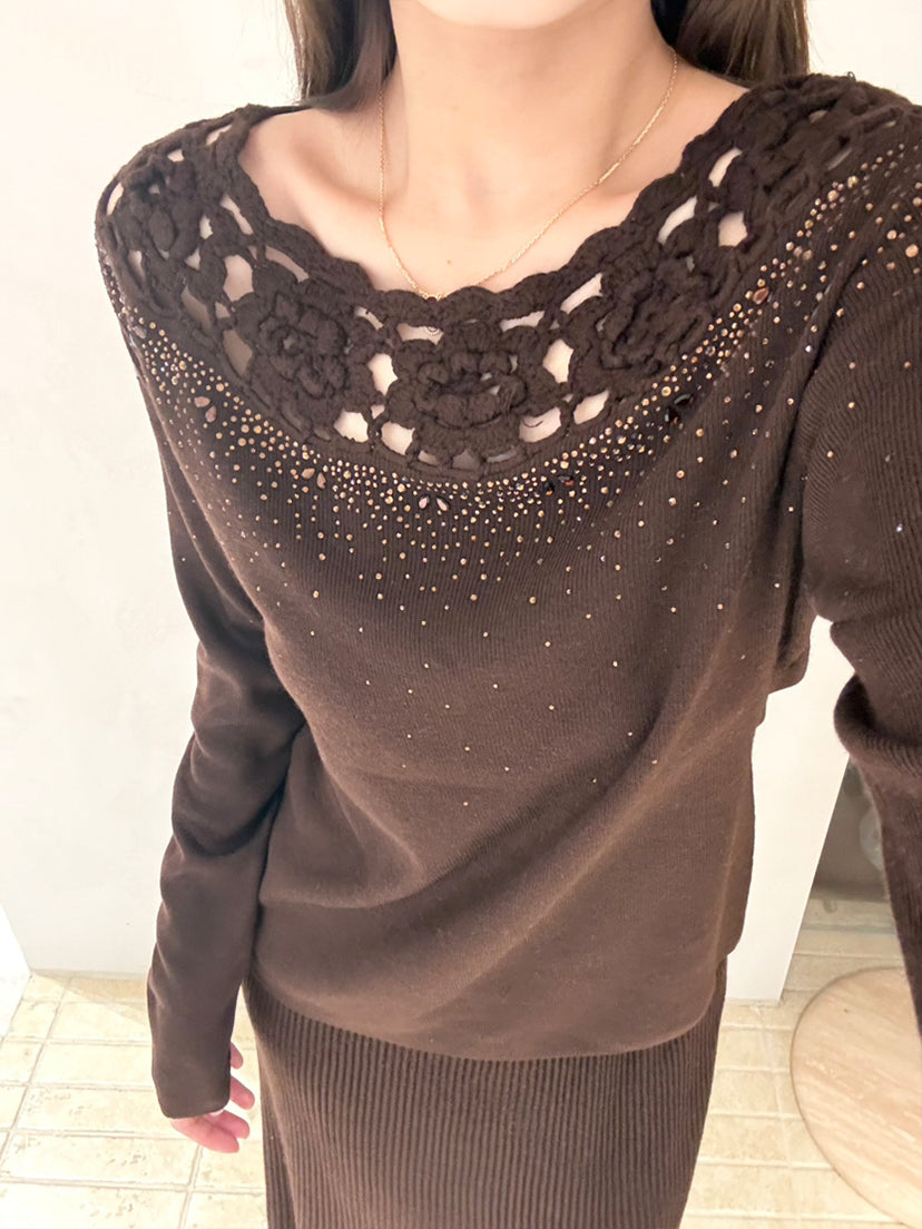 【tops】レースネックニットトップス Q9128