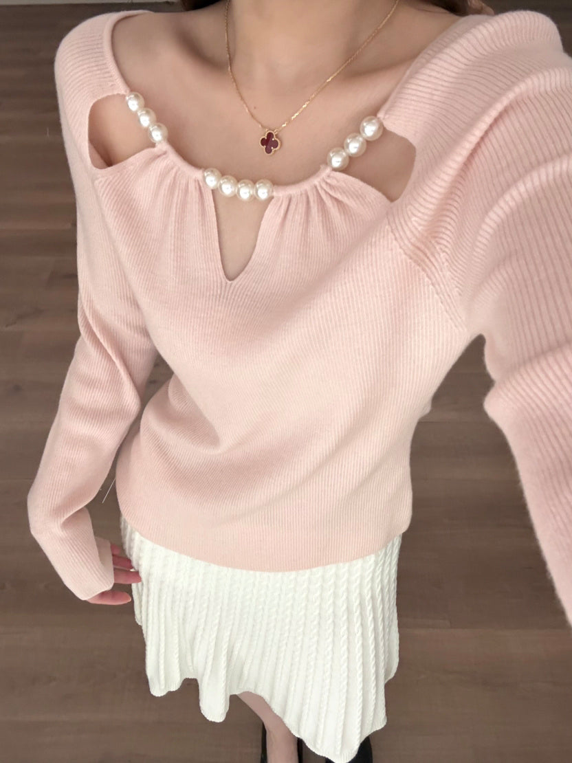 【tops】パール付きニットトップス Q9129