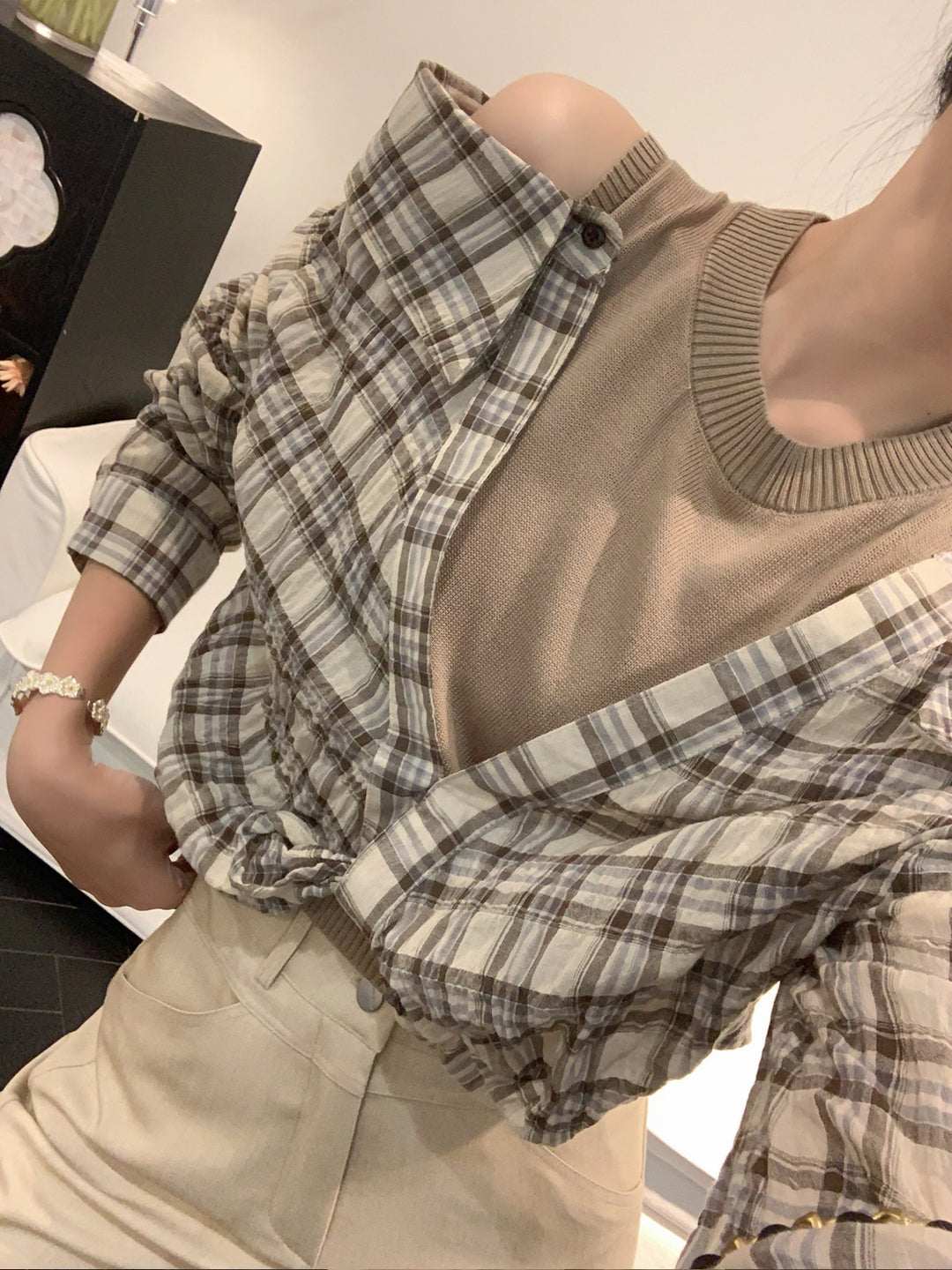 【tops】フェイクレイヤードチェック柄トップス Q9089