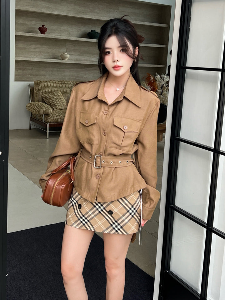 【set】ベルト付きトップス×チェック柄スカートセット Q9025