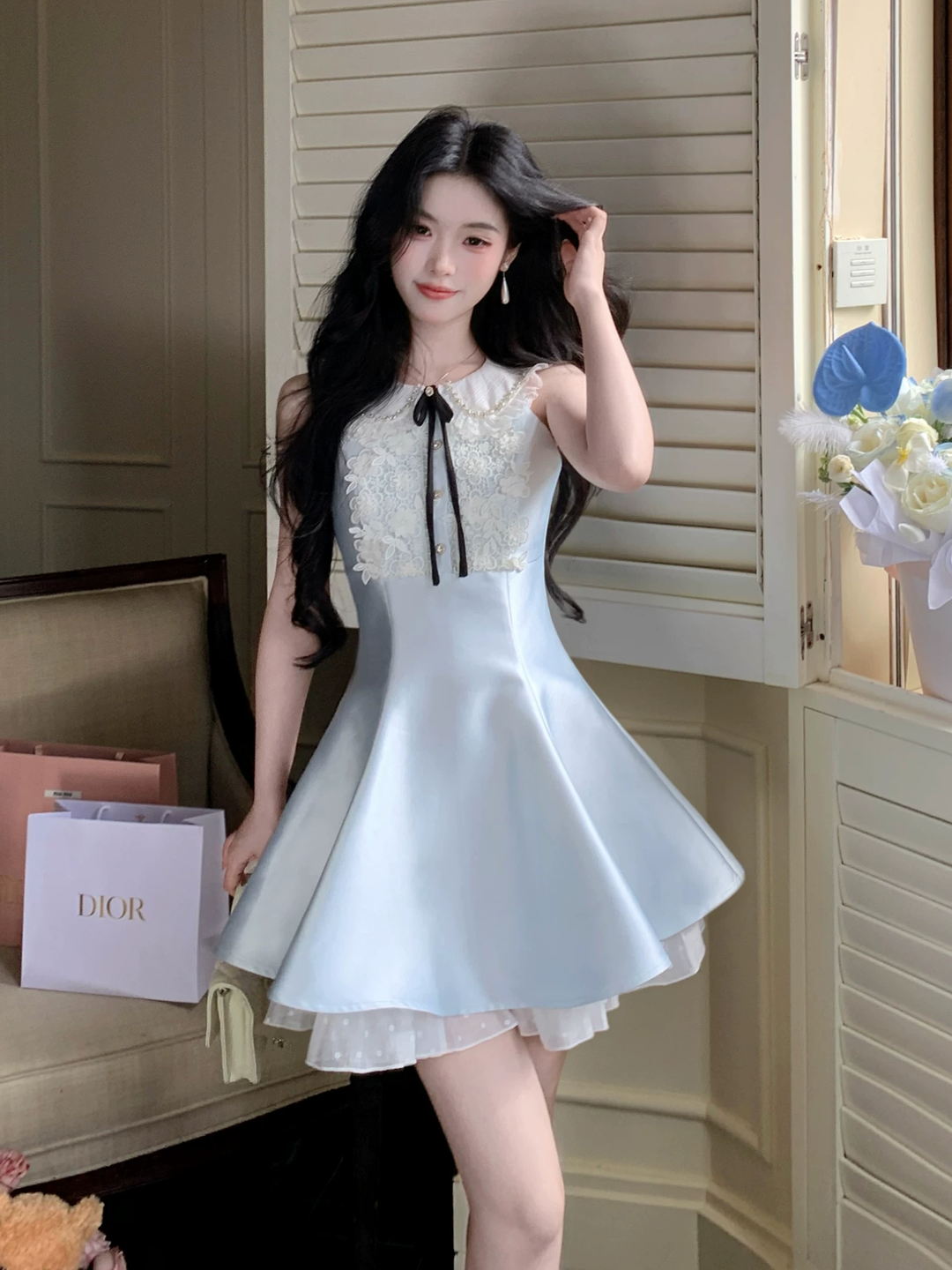 【dress】レースドッキングピーターパンカラーミニワンピース Q8549