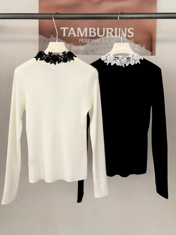 【tops】Vネックレースドッキングニットトップス Q9155