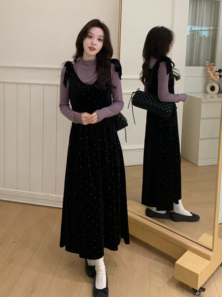 【set】ベルベットロングワンピース×ハイネックトップスセット Q9244