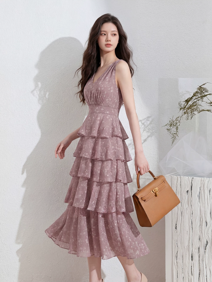 【dress】フラワー柄ノースリーブロングティアードワンピース Q8537