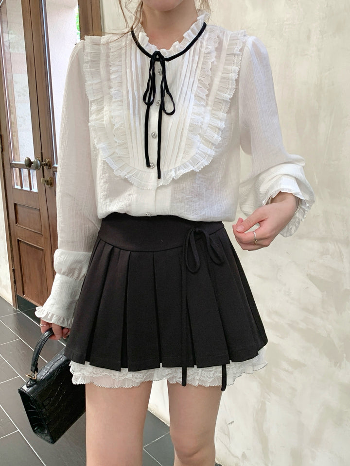 【tops】リボン付きギャザーフリルシャツ Q8992