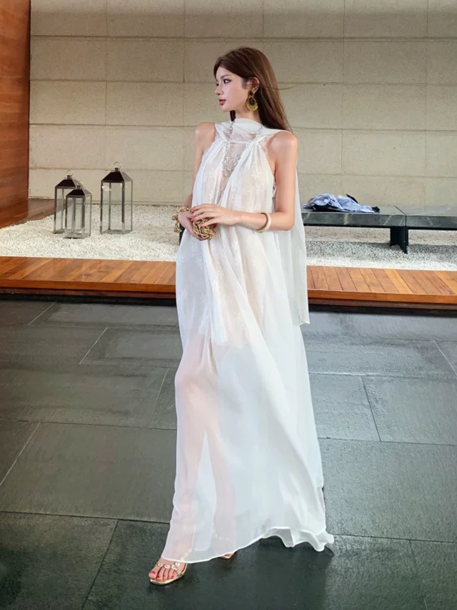 【dress】レースドッキングシアーチュールロングワンピース Q8585