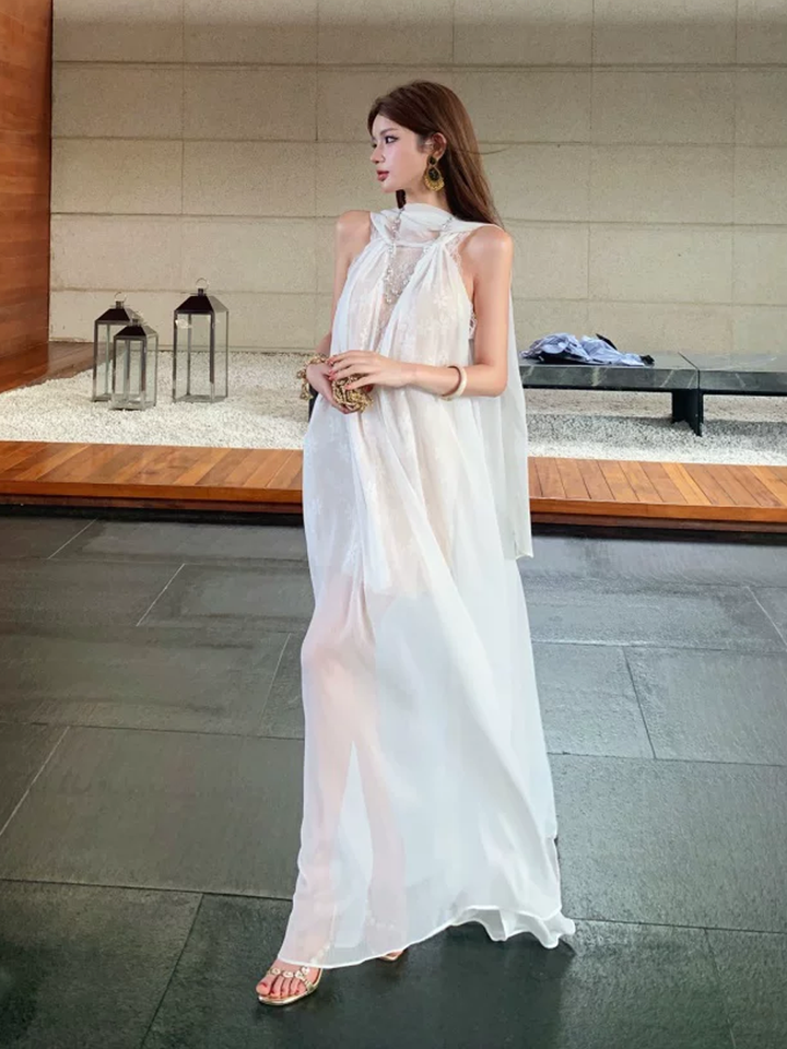 【dress】レースドッキングシアーチュールロングワンピース Q8585