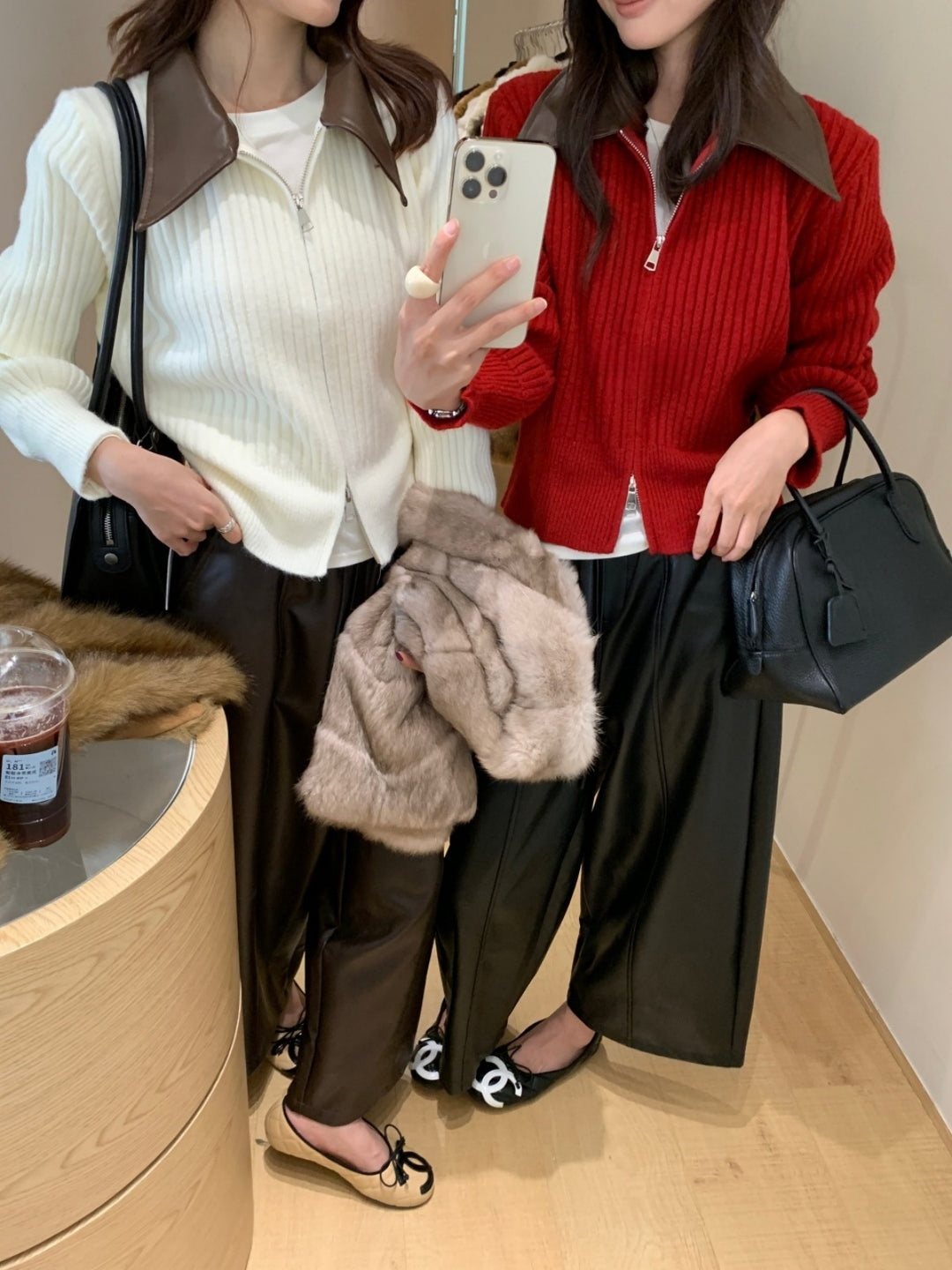 【outer】PUネックドッキングニットカーディガン Q9267
