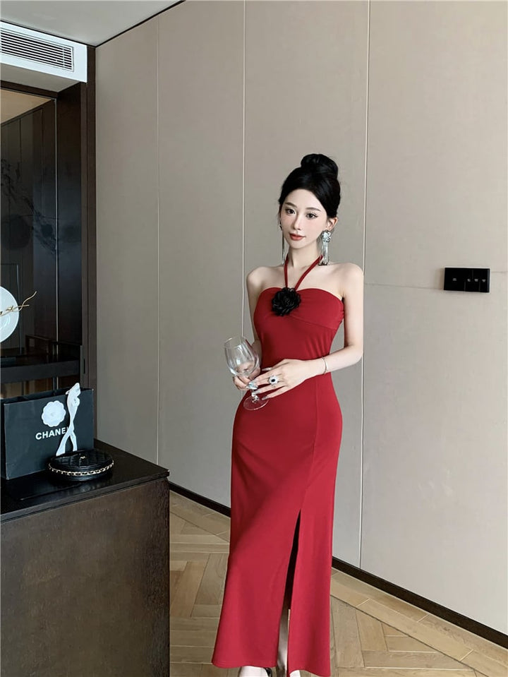 【dress】フラワー付きホルターネックワンピース Q8086