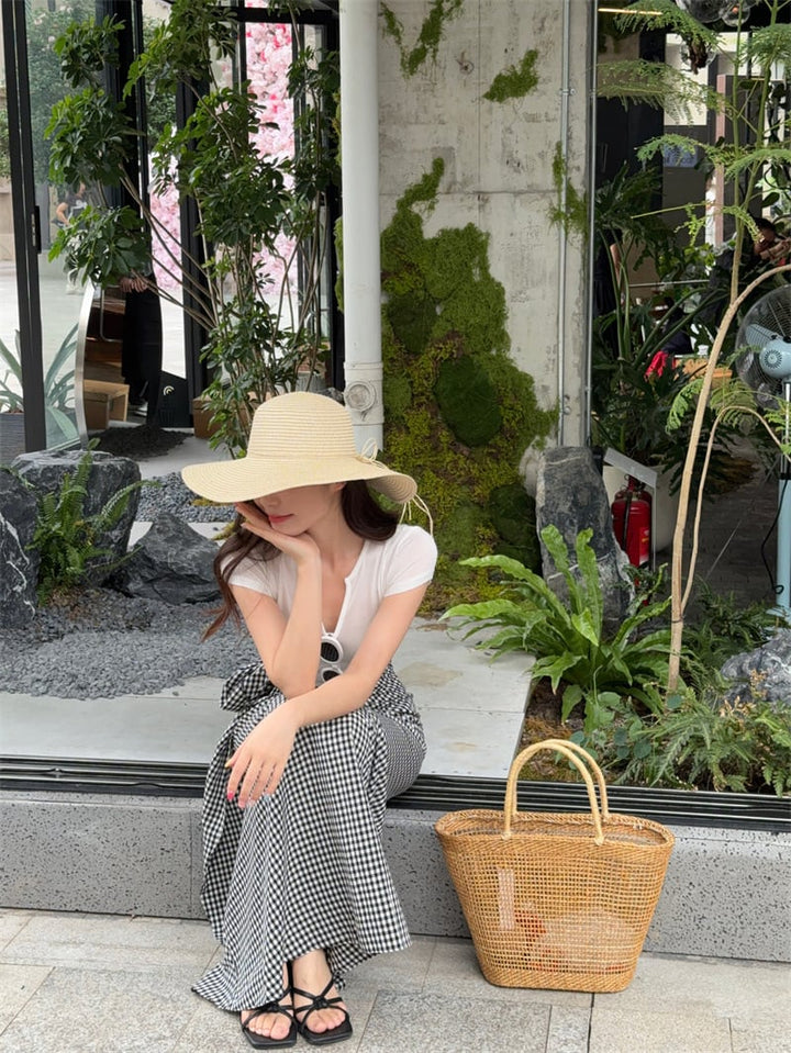 【set】VネックTシャツ×チェック柄スカートセット　M24274