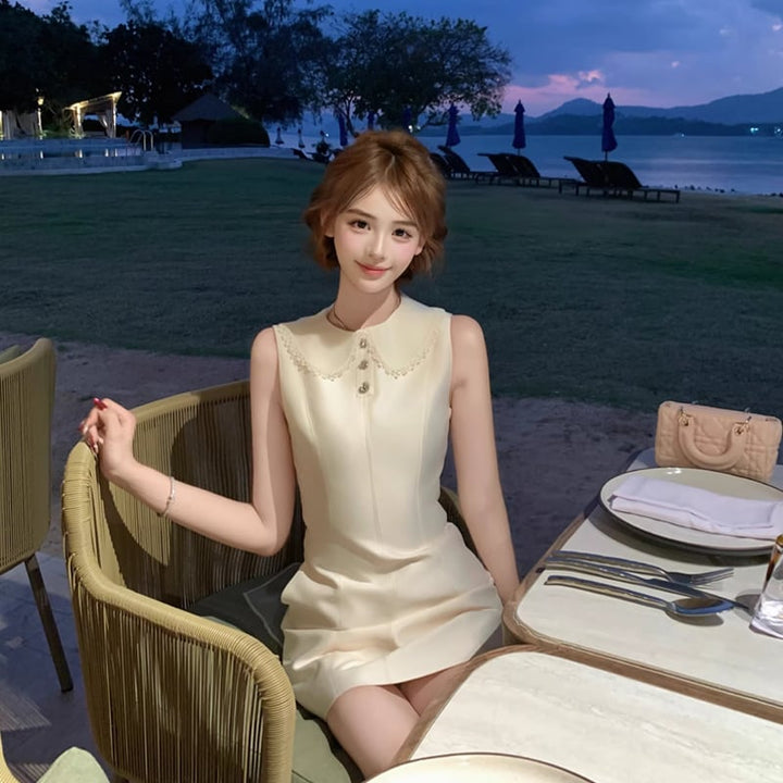 【dress】バックリボンレースドッキングミニワンピース Q8390