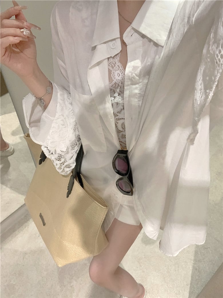 【set】UVカットシャツ×レースノースリーブトップスセット　N2685