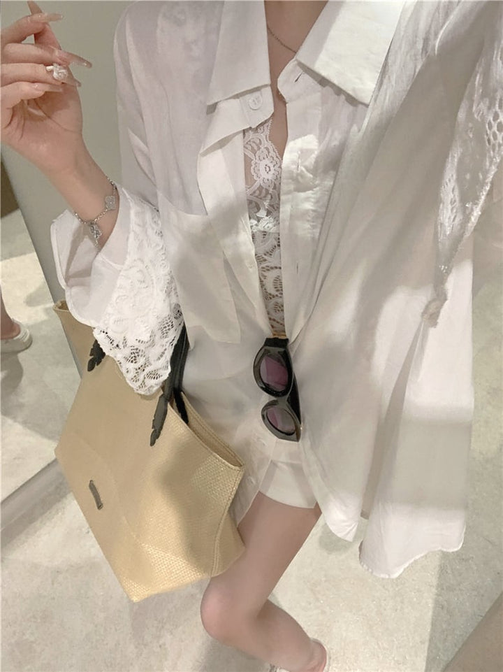 【set】UVカットシャツ×レースノースリーブトップスセット　N2685