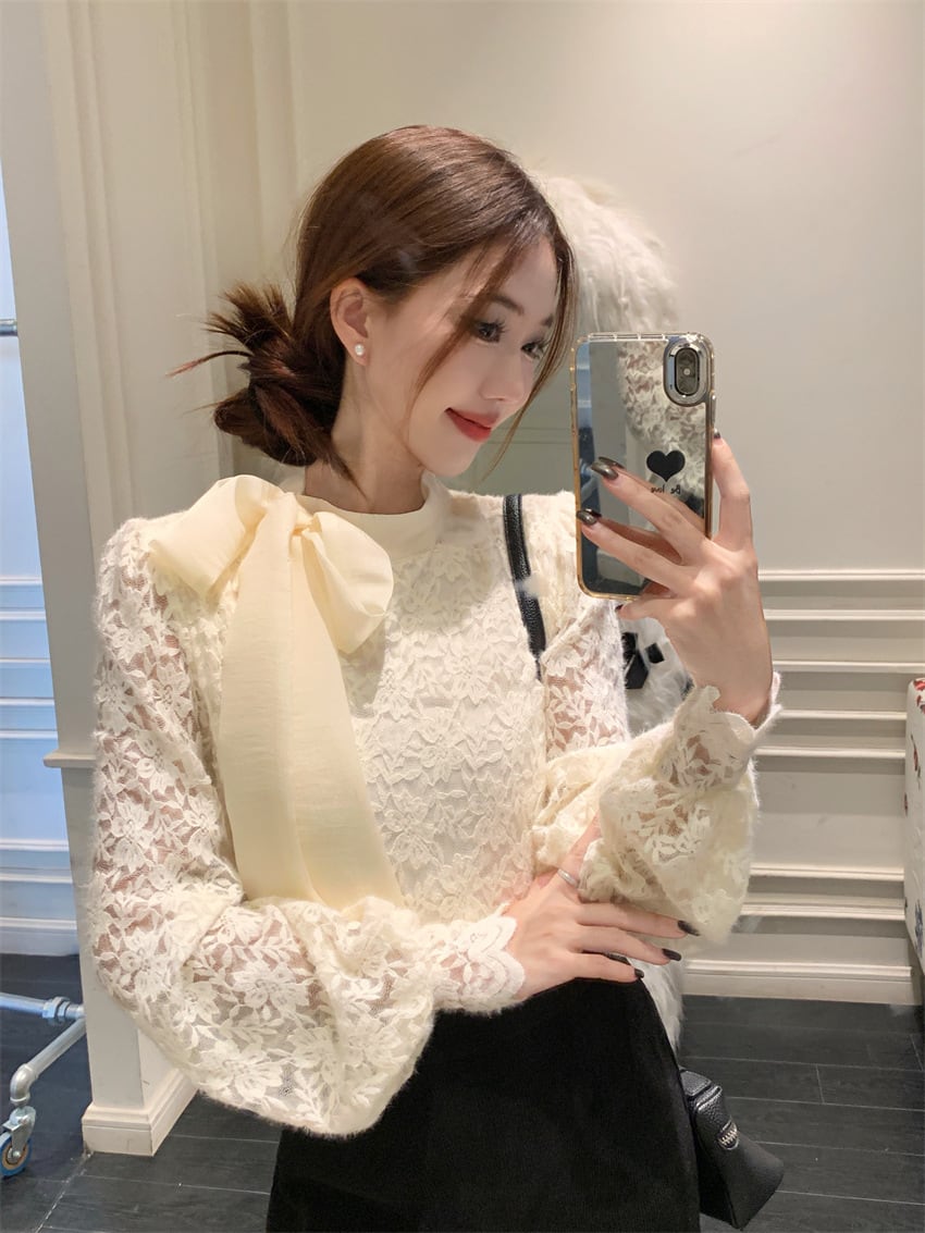 【tops】リボン付き裹起毛レーストップス　M28380