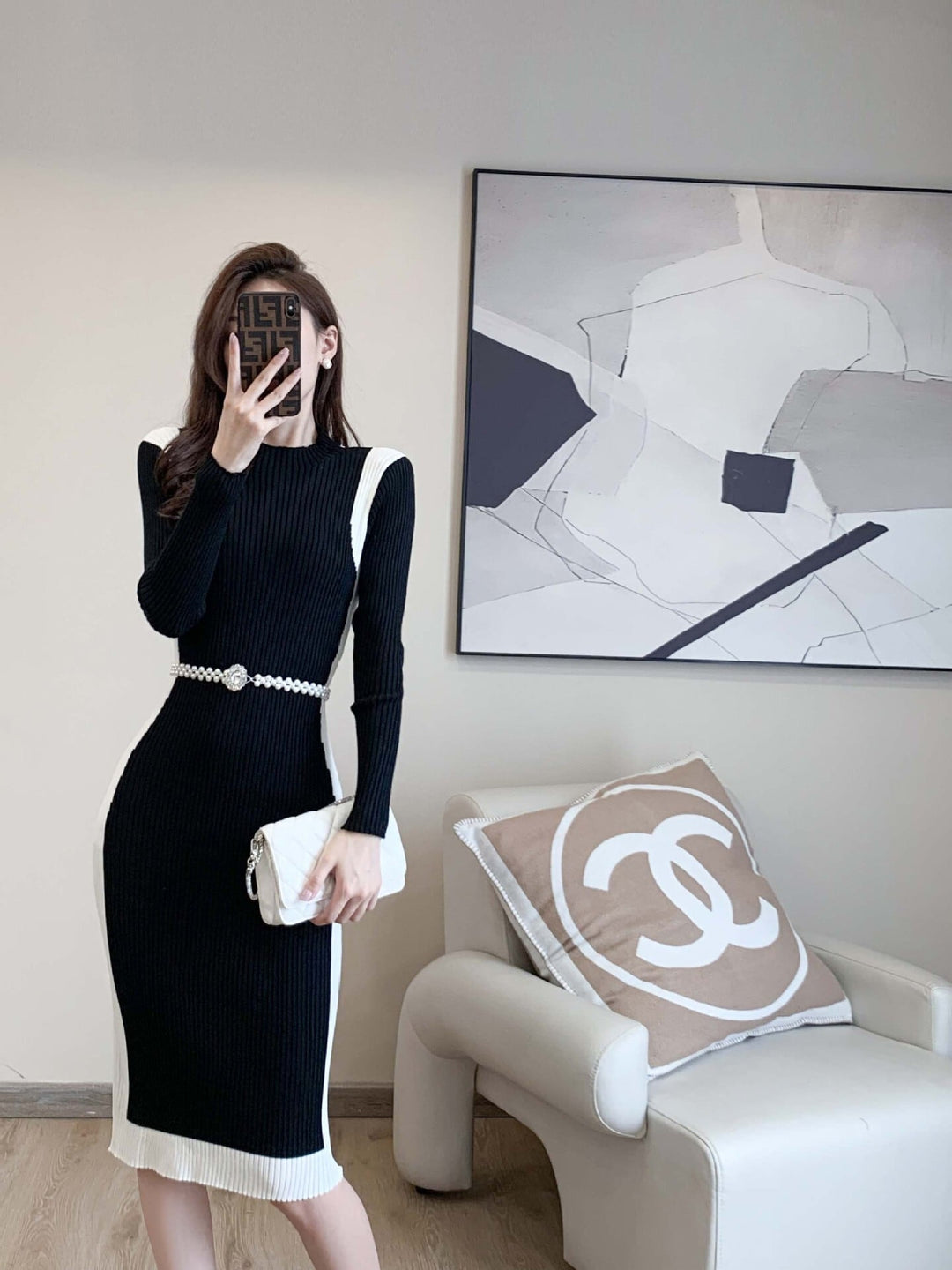 【dress】配色切り替えニットワンピースベルト付き　M17676