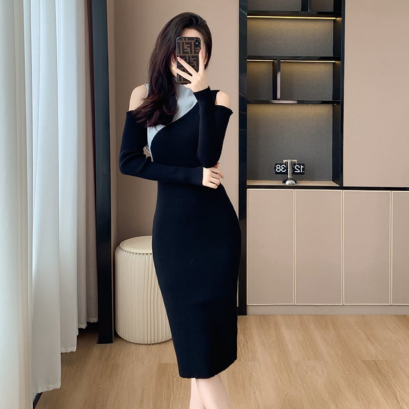 【dress】韓国系オフショルダーニットワンピース　M17599