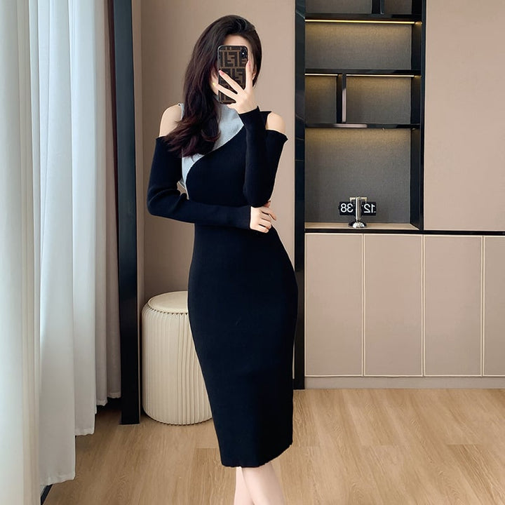 【dress】韓国系オフショルダーニットワンピース　M17599