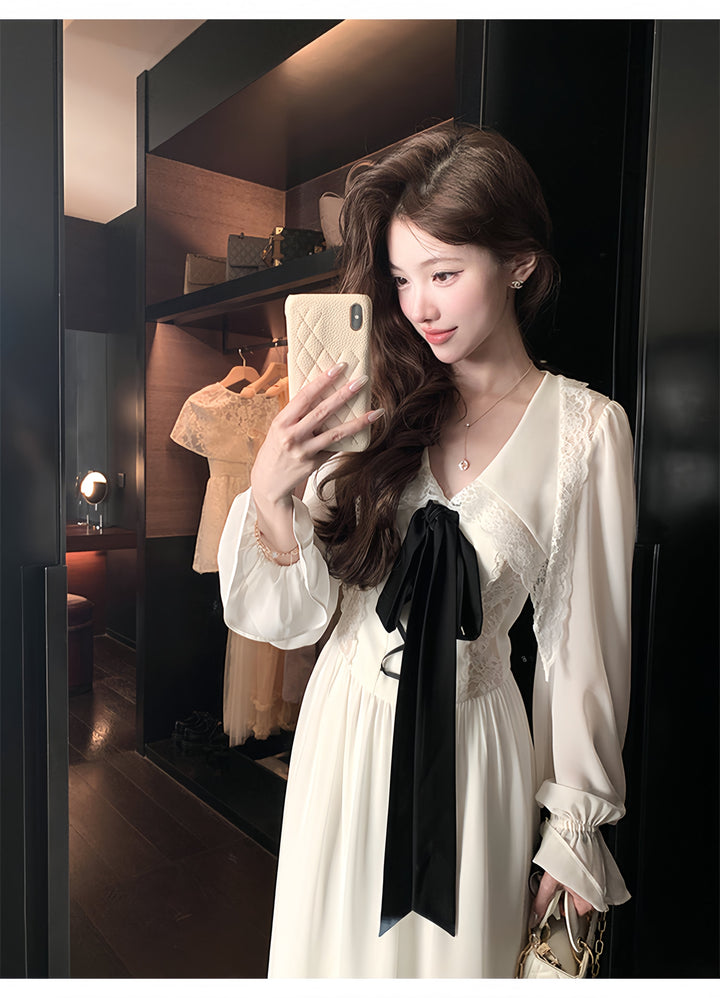 【dress】ビッグリボンレースドッキングロングワンピース　N3316