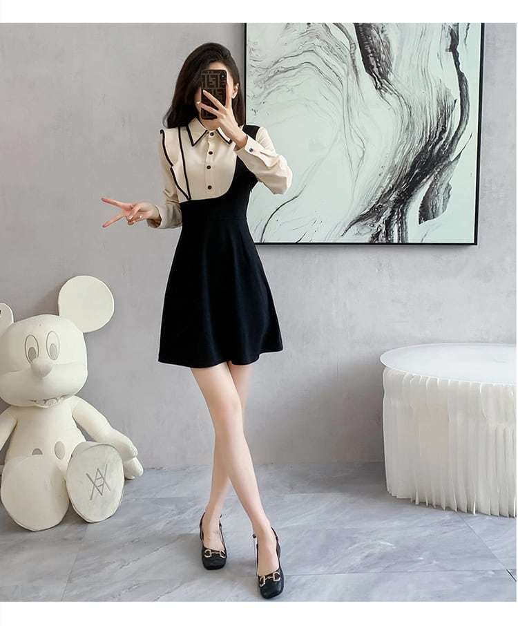 【dress】韓国系折り襟フリル切り替えデートワンピース　M17399