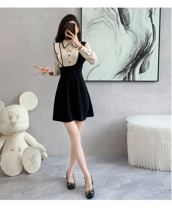 【dress】韓国系折り襟フリル切り替えデートワンピース　M17399
