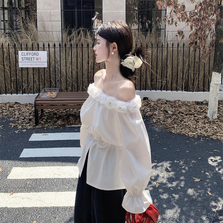 【tops】ボートネック立体フラワーシャツトップス　M29555