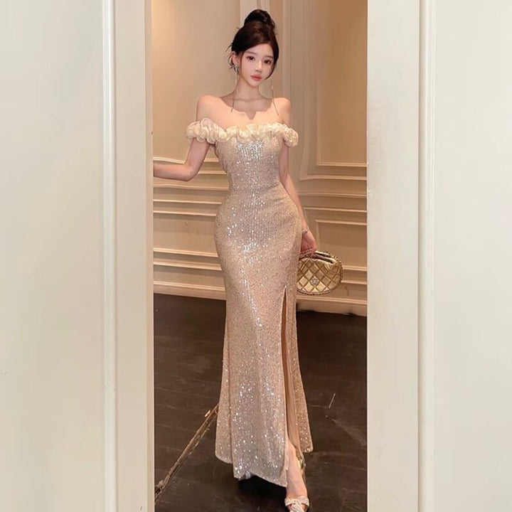 【dress】スパンコール付きオフショルダーロングワンピース Q8041