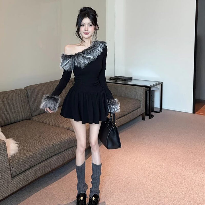 【dress】ファー付きフレアワンピース Q7564