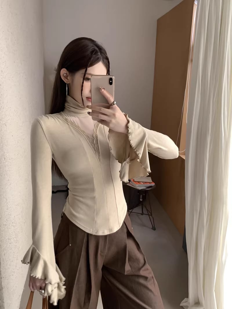 【tops】ハイネックチュールドッキングトップス Q8054